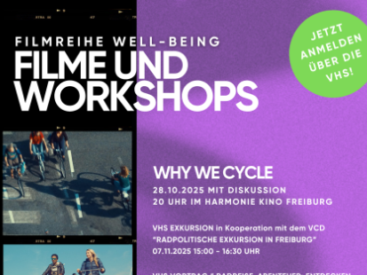 Flyer zur Filmreihe „Well-Being“ mit Film „Why We Cycle“ und VHS-Workshopankündigung.