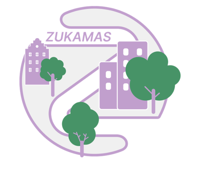Logo mit stilisierten Gebäuden, Bäumen und dem Schriftzug "ZUKAMAS" in lila und grün.