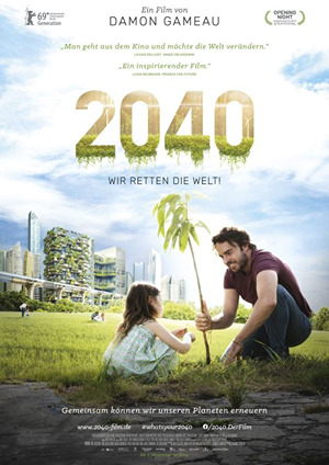 Szenenbild aus dem Film 2040: Mann pflanzt Baum für ein Mädchen in grünem Park, Stadt im Hintergrund.