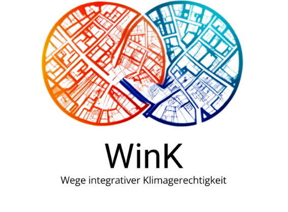 Logo von WinK: Zwei überlappende Kreise mit Stadtplänen in Rot und Blau sowie dem Projektnamen.